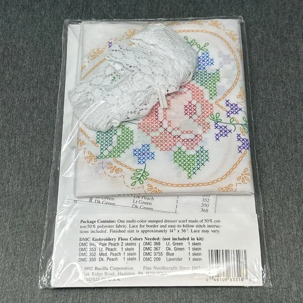 Vintage 1990s Bucilla Rose Heart Dresser Scarf Kit 63318 Embroidery Kit NOS